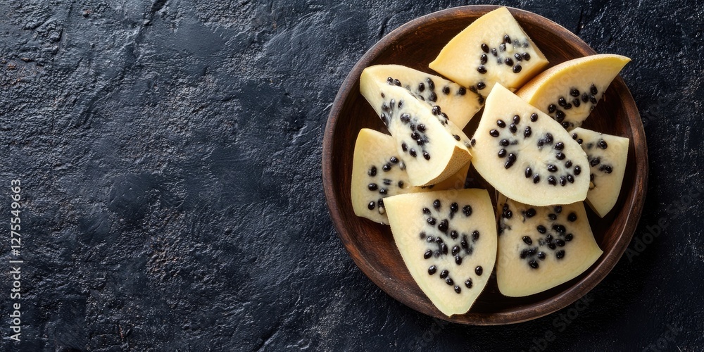 Aufkleber Cherimoya fruit slices displayed in a rustic wooden bowl on a dark textured surface with ample copy space on the left side for text or graphics
