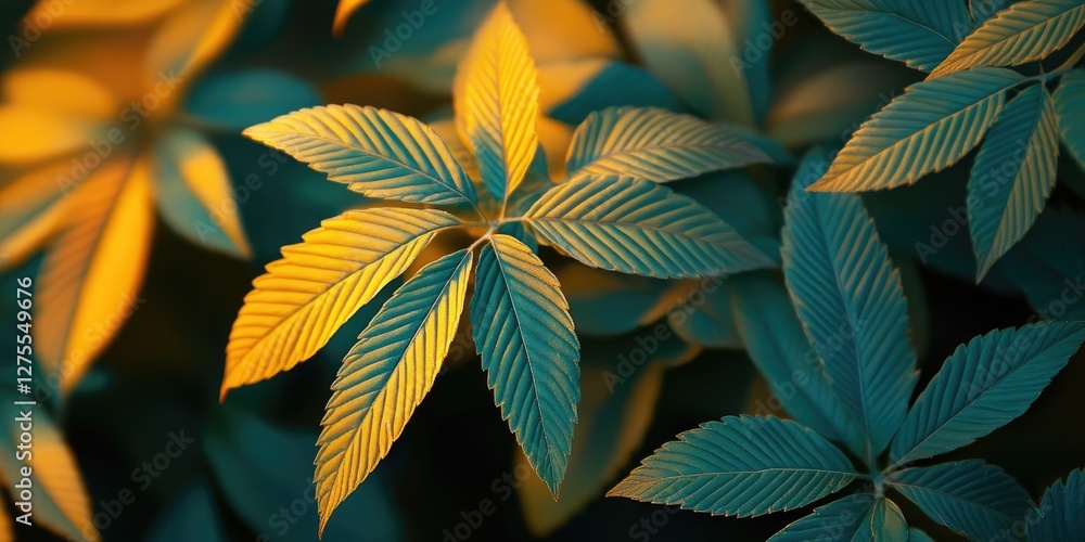 Poster golden and teal leaves densely layered with contrasting colors in a soft focus background creating a