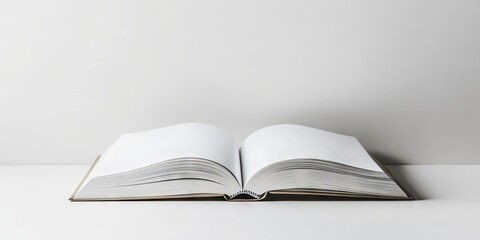 Minimalist open white book on a clean surface with blank pages, positioned horizontally, showcasing simplicity and elegance in design.