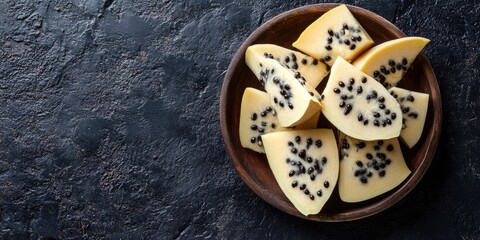 Cherimoya fruit slices displayed in a rustic wooden bowl on a dark textured surface with ample copy space on the left side for text or graphics