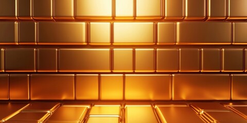 Gold bullion bars stacked in a shiny gold backdrop with a smooth gradient light reflection creating a spacious area for text or images.