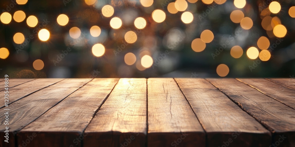 Poster warm wooden tabletop in foreground with blurred golden bokeh lights in the background creating a coz