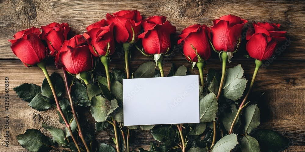Poster vibrant red roses arranged symmetrically on a wooden table with a blank white note in the center sur