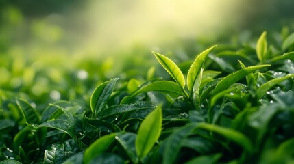 Lush Green Tea Leaves in a Vibrant Tea Garden in Natural Light