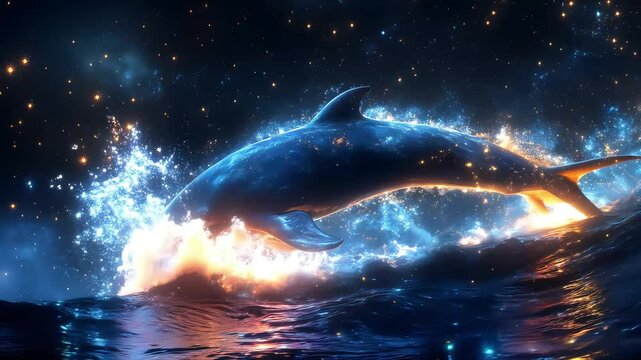 Majestic glowing blue dolphin leaping through a cosmic ocean, leaving behind a trail of stardust and fire. A stunning fusion of marine life and celestial fantasy