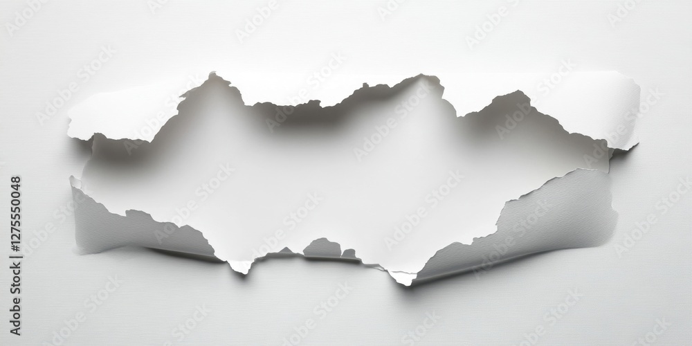 Poster torn white paper with irregular edges positioned centrally against a clean white background creating