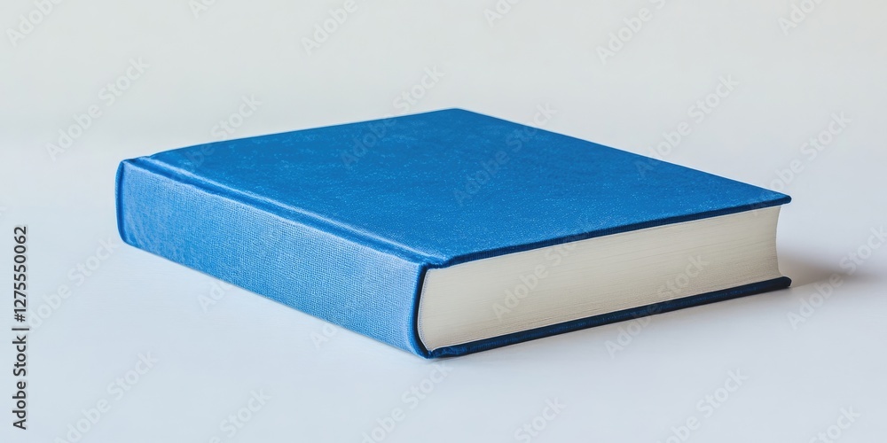 Aufkleber blue hardcover book positioned at a slight angle on a white background, ample copy space available f