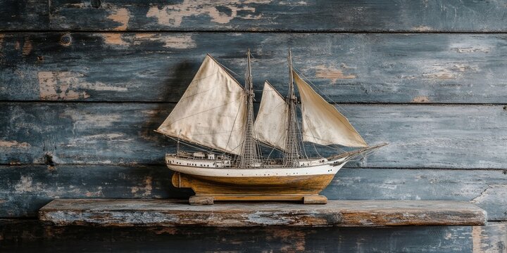 Vintage ship model on a weathered wooden shelf against a rustic blue wall featuring three sails and intricate details in warm tones. - Powered by Adobe