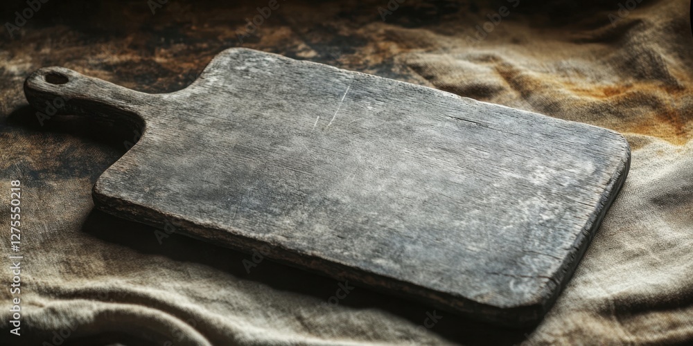 Poster weathered grey wooden cutting board on rustic fabric background with muted tones, showcasing years o