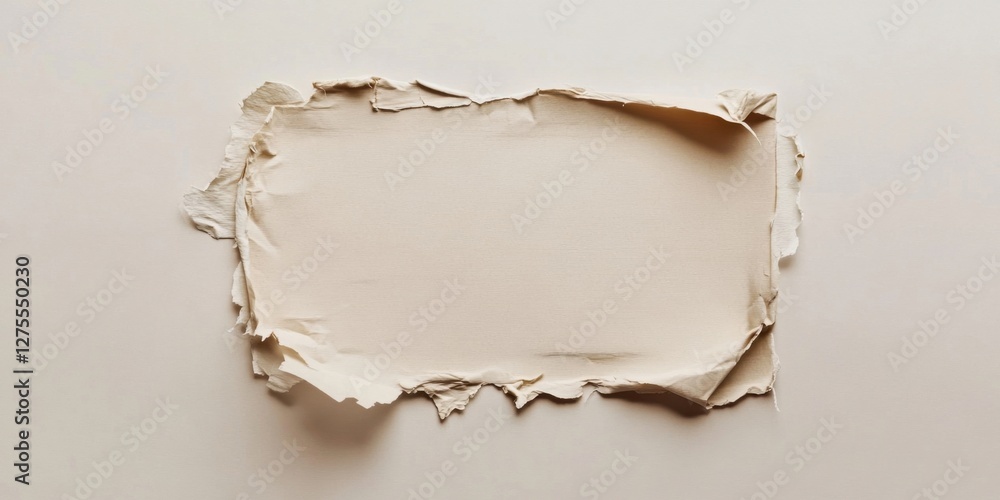 Poster Ripped beige cardboard fragment on a soft white background with textured edges highlighting a subtle, neutral color palette.
