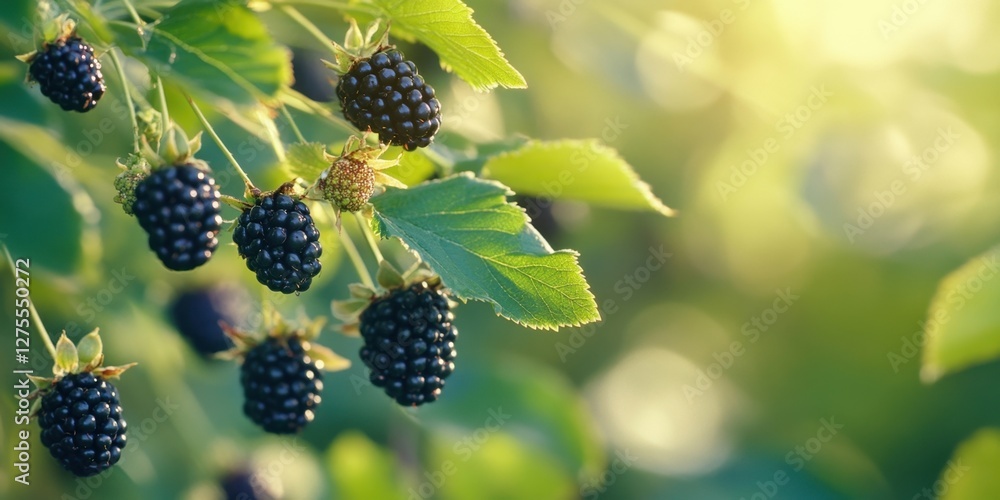 Poster blackberries ripening on branches with green leaves illuminated by soft sunlight in a nature setting