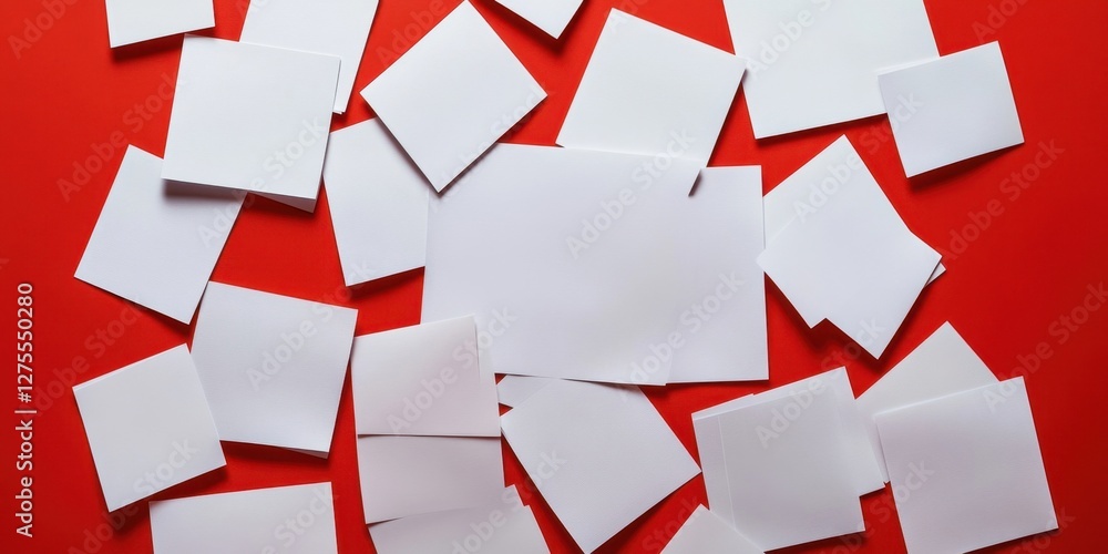 Leinwandbilder A collection of white blank sheets scattered on a bold red background with an open space for writing content centered among the papers.