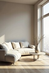 Sunlight Illuminates a Modern Sectional Sofa and Minimalist Coffee Table in a Light-Filled Room with Natural Wood Flooring