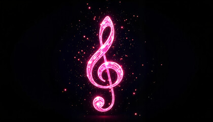 Neon musical note glowing in space with sparkling effects, perfect for digital music projects, music-themed websites, or tech-focused marketing materials.