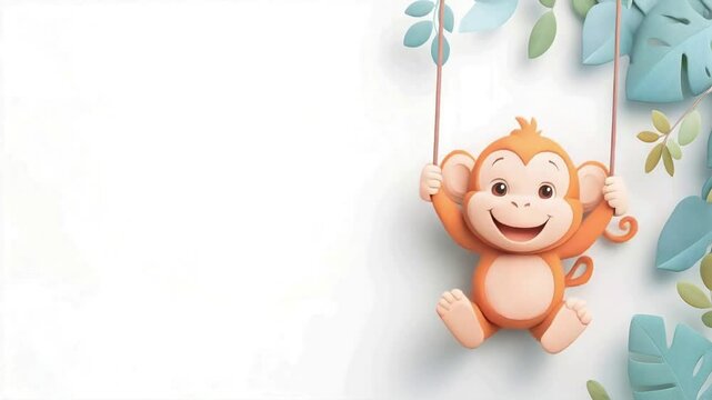 A cheerful cartoon monkey swings happily from a jungle vine, surrounded by tropical leaves. This playful and adorable illustration radiates fun, joy, and childhood innocence. minimal with copy space