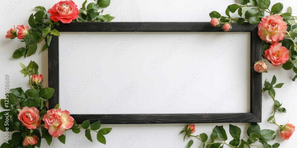 Poster black wooden frame bordered by pink and cream roses and green leaves against a white background with