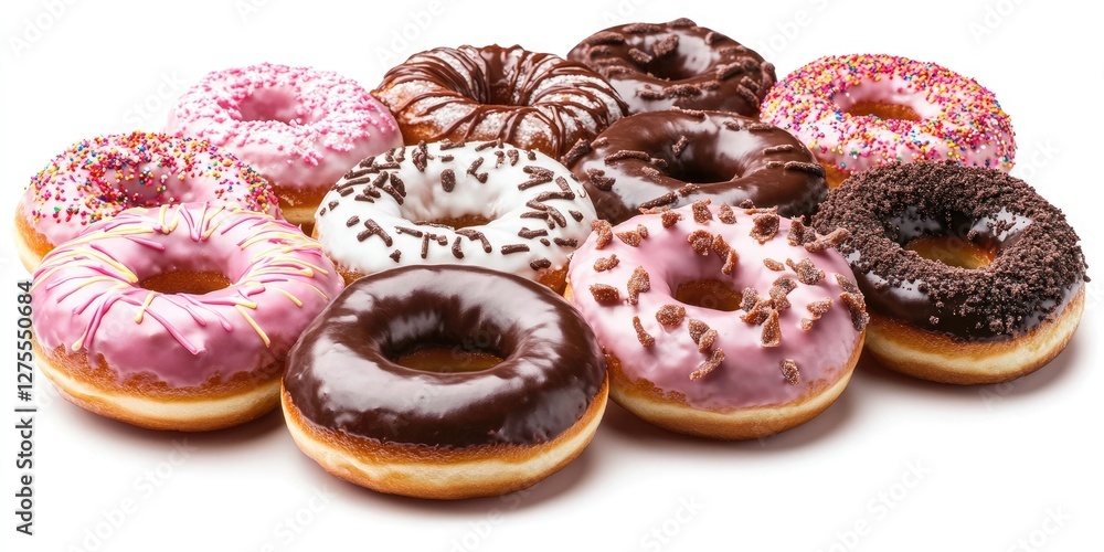 Poster assorted delicious donuts in various colors including pink, chocolate, and white arranged in a circu