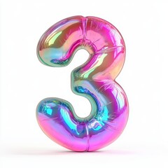 Number 3 made of iridescent opal with shifting rainbow colors isolated on a clean white background