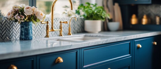 Kitchen marble countertop, gold faucet, blue cabinets