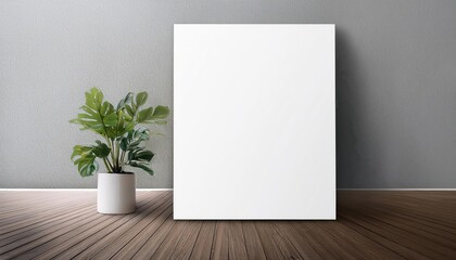 Minimalist White Poster Mockup on a Rustic Wooden Floor with an Empty Frame, Showcasing a Blank Canvas for Creative Visualizations and Design Exploration in .