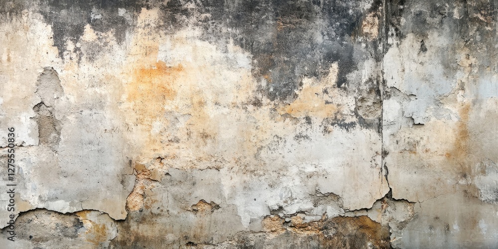 Poster grungy concrete wall texture with earthy tones of gray and beige featuring cracks and peeling paint 