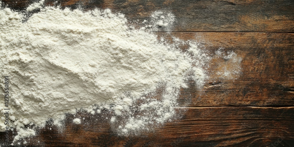 Poster birds eye view of white flour scattered on a dark rustic wooden table with ample copyspace for culin
