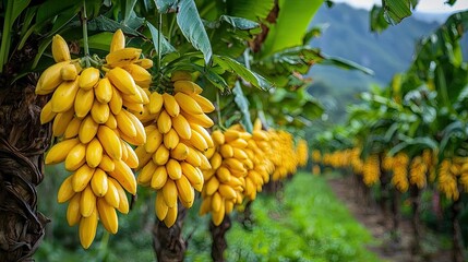 A banana plantation with large, ripe yellow bunches hanging from green trees. The lush tropical setting suggests agriculture, farming, and organic food production. Generative AI