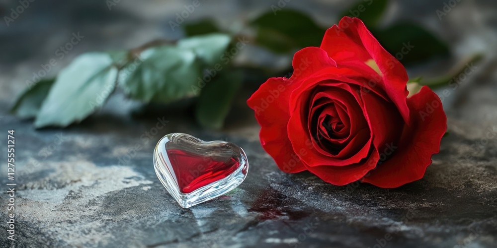 Poster red rose elegantly placed beside a glass heart on a textured gray background with soft green foliage