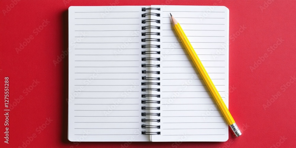 Aufkleber Top view of a blank spiral notebook with white pages aligned to the left and a vibrant yellow pencil positioned beside it on a red background.
