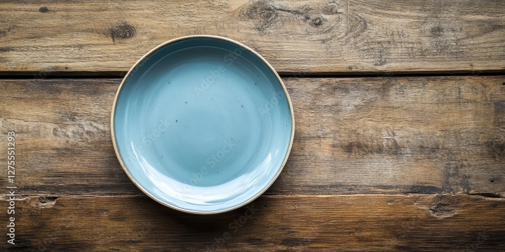 Fototapete Empty light blue plate centered on a rustic wooden table top viewed from above showcasing natural grain patterns and texture of the surface.