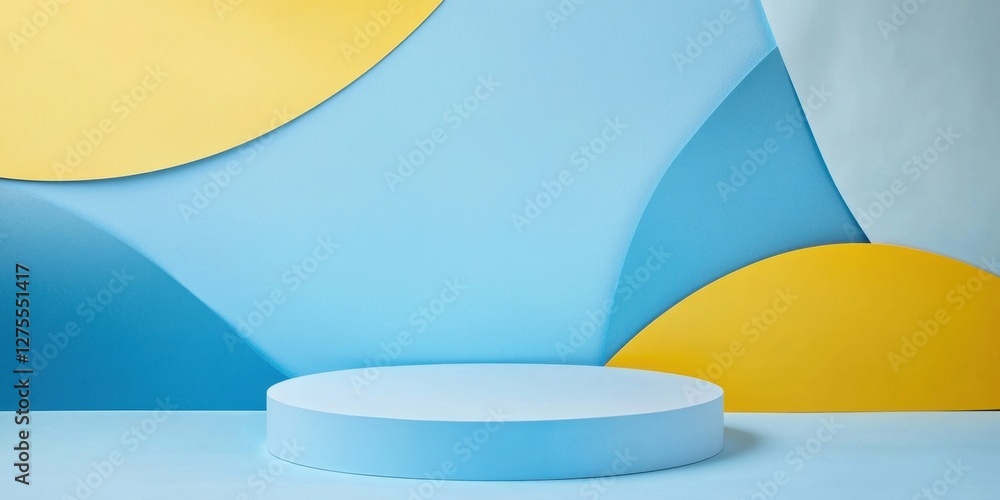 Aufkleber Light blue round podium on a minimalistic geometric background with shades of blue and yellow paper cut elements creating an abstract scene.