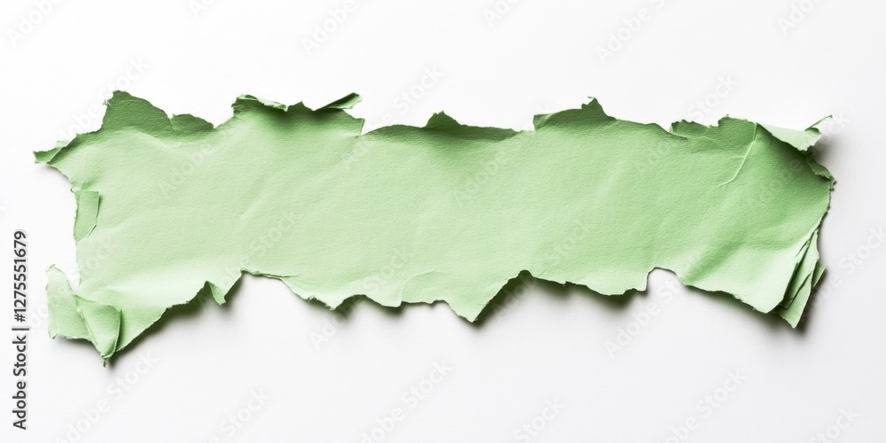 Poster torn green paper strip with jagged edges on a clean white background creating a contrast between vib