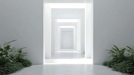 Minimalist White Corridor with Greenery at Each End