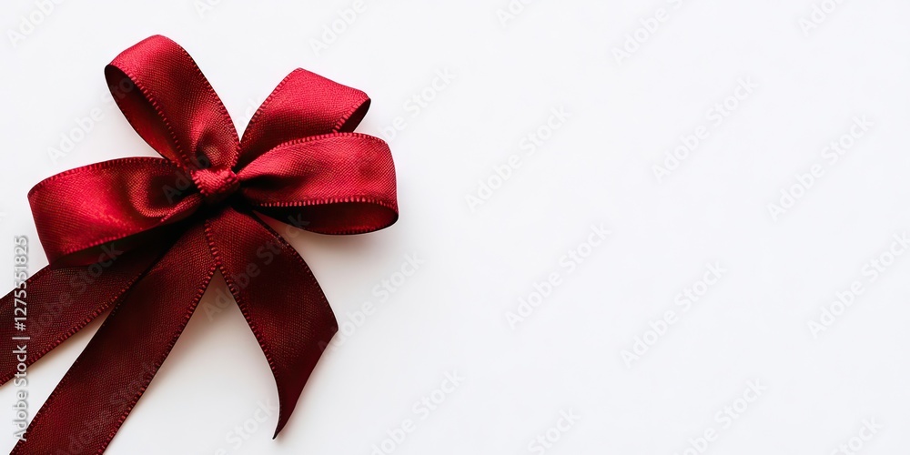 Poster elegant red satin bow positioned on the left side of a pristine white background, ideal for gift wra