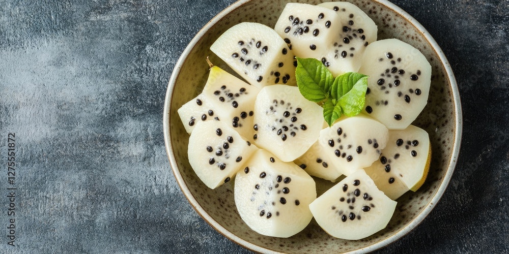 Aufkleber sliced cherimoya fruit displayed in a shallow bowl with dark seeds and green leaves on a textured da