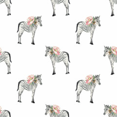 Obraz premium watercolor zebra animal baby illustration seamless pattern isolated on white