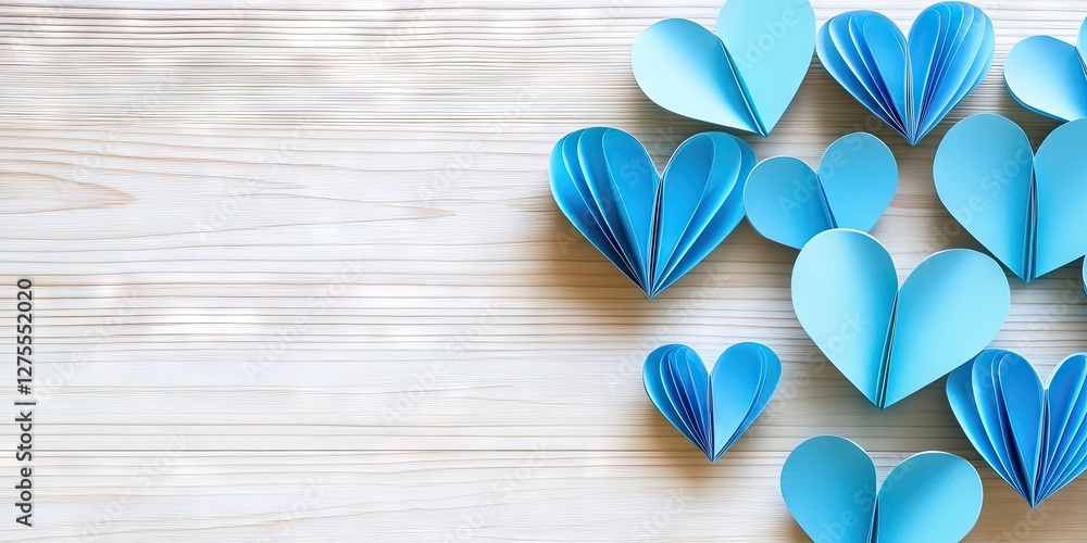 Poster Blue paper hearts arranged in various sizes on a light wooden backdrop with a soft focus, creating a serene and romantic atmosphere.