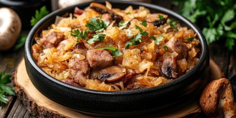 Fototapeta premium Delicious bigos stew in a black bowl with pieces of meat, mushrooms, and cabbage garnished with fresh parsley on a wooden table background.
