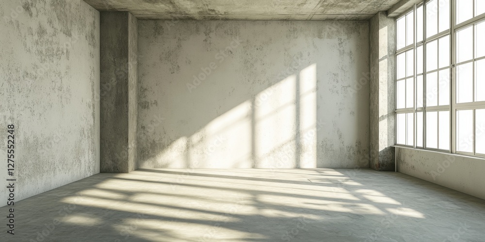Poster spacious empty residential room with bare concrete walls and bright sunlight casting shadows through