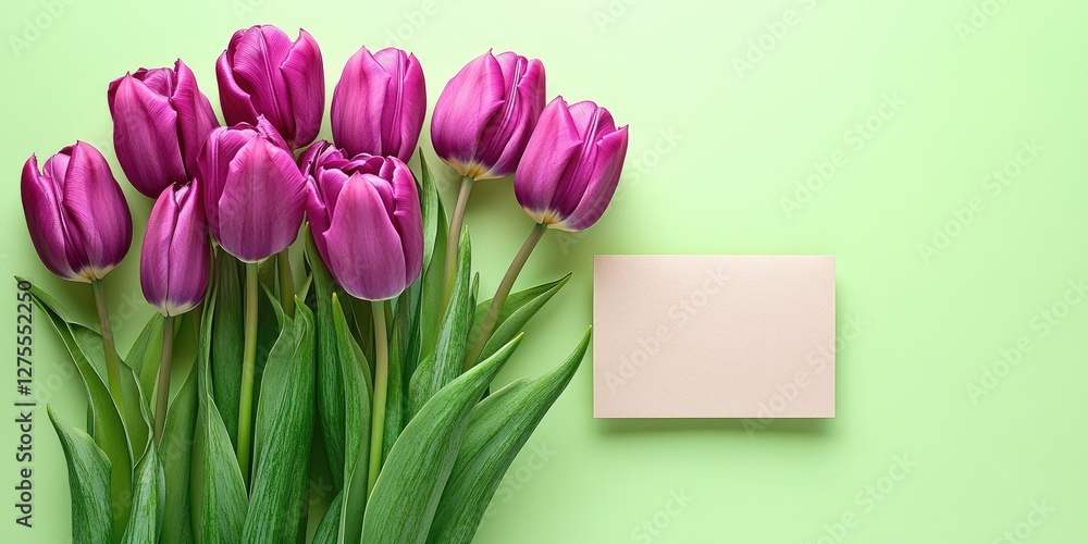 Poster vibrant purple tulips arranged on a light green background with a blank beige card positioned to the