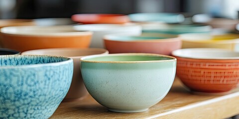 Colorful collection of ceramic bowls in various shapes and shades of blue, orange, green, and white arranged on a wooden surface.