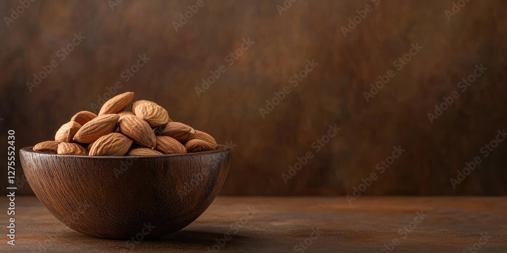 Poster Wooden bowl filled with raw almonds highlighted against a rich brown backdrop creating ample negative space ideal for text placement.