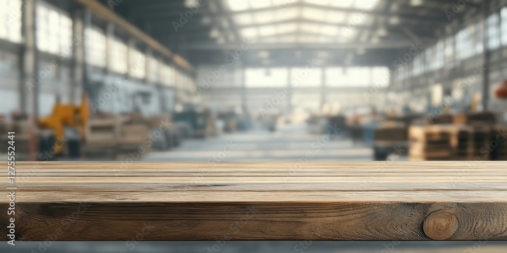 Poster wooden tabletop with ample copy space in foreground against a blurred factory warehouse backdrop fea