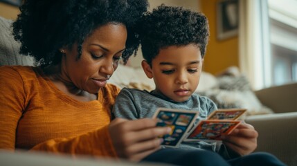 Young Boy Engrossed in Flash Cards with Furrowed Brow and Focus