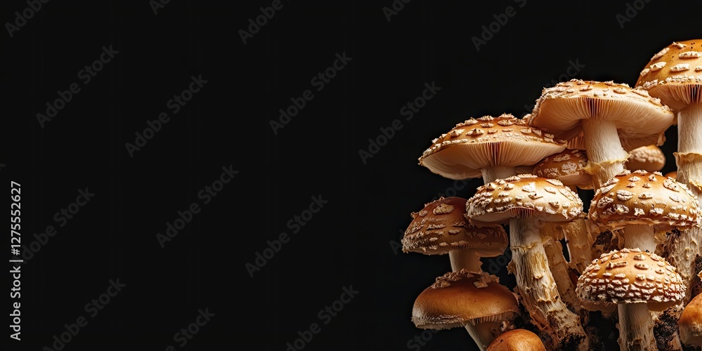 Poster Mushrooms cluster on black backdrop with varying shades of brown and beige caps positioned on the right side creating a natural organic aesthetic.