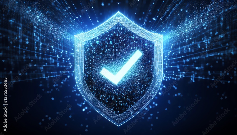 Poster a glowing digital shield with a check mark symbolizes security and verification in a tech-savvy envi