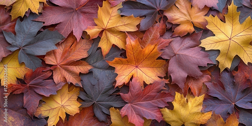 Poster autumn backdrop with vibrant maple leaves in shades of yellow, orange, red, and brown layered in a f