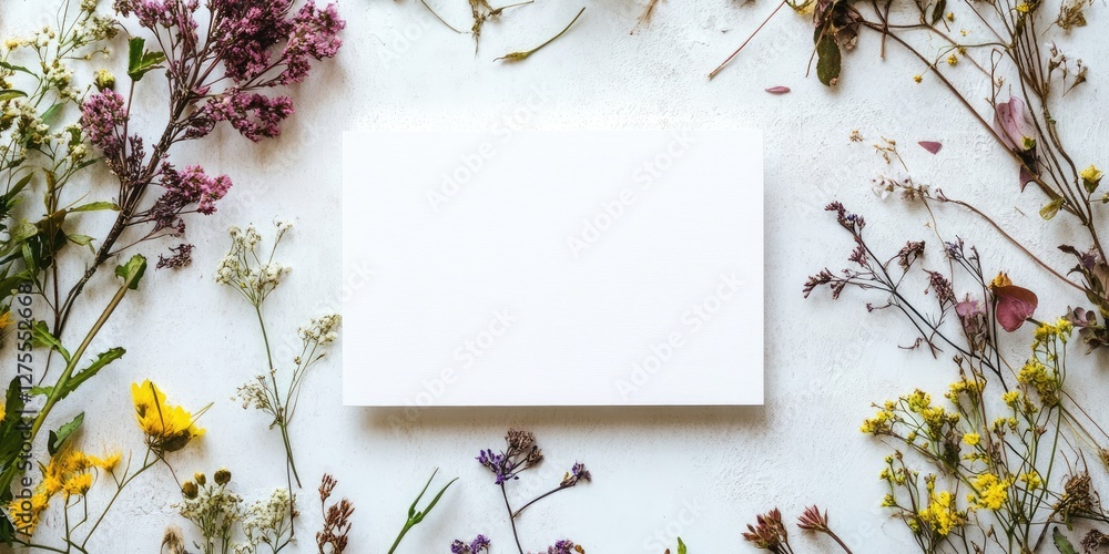 Poster Blank card centered on a white background with colorful dried flowers arranged around in various positions creating a natural frame.