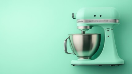 Heavy-duty stand mixer with a large mixing bowl on a mint green background, top-down shot.