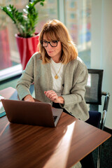Senior businesswoman with laptop sitting at office desk and working